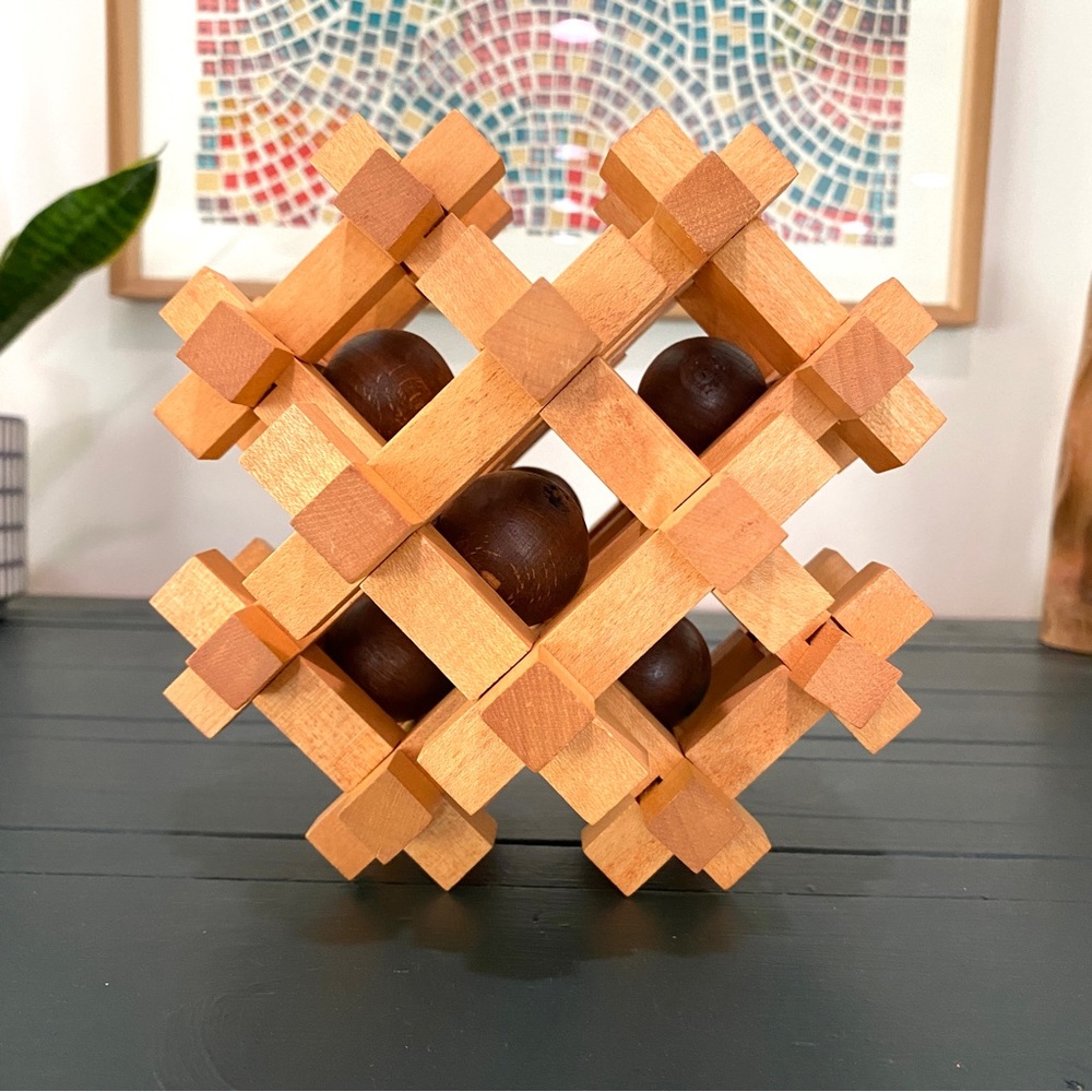 MCM teak wood sculpture 70s vintage puzzle art home decor cube Mid Century toy